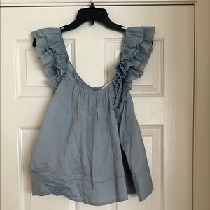 THE GREAT. Light Blue Ruffle Sleeve Blouse